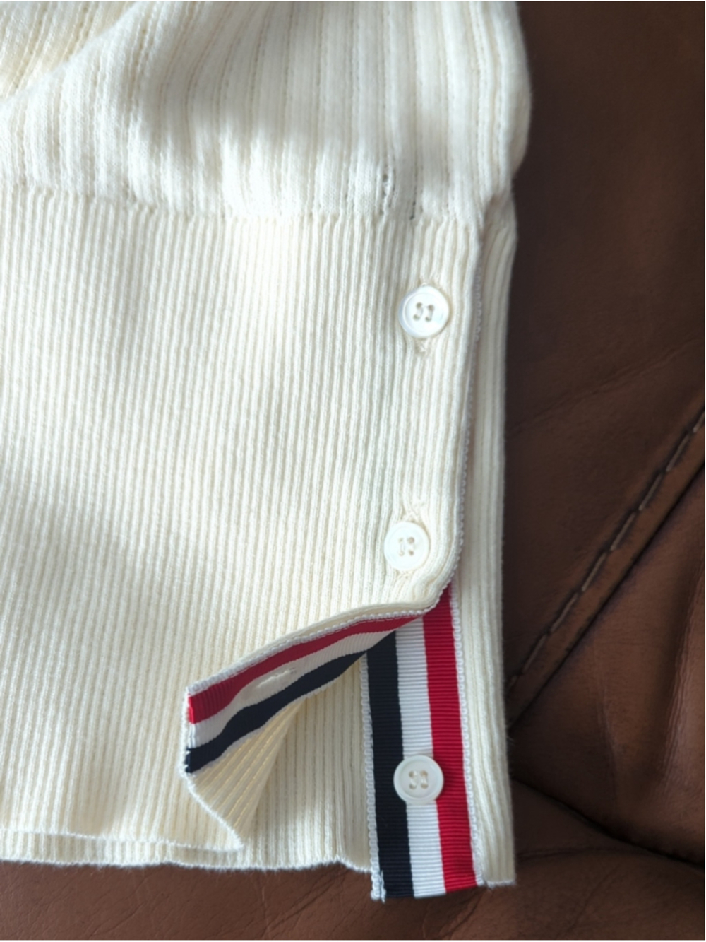 Thom Browne Cream Short-Sleeve Knit with Black Sleeve Stripes - Picture 6 of 10